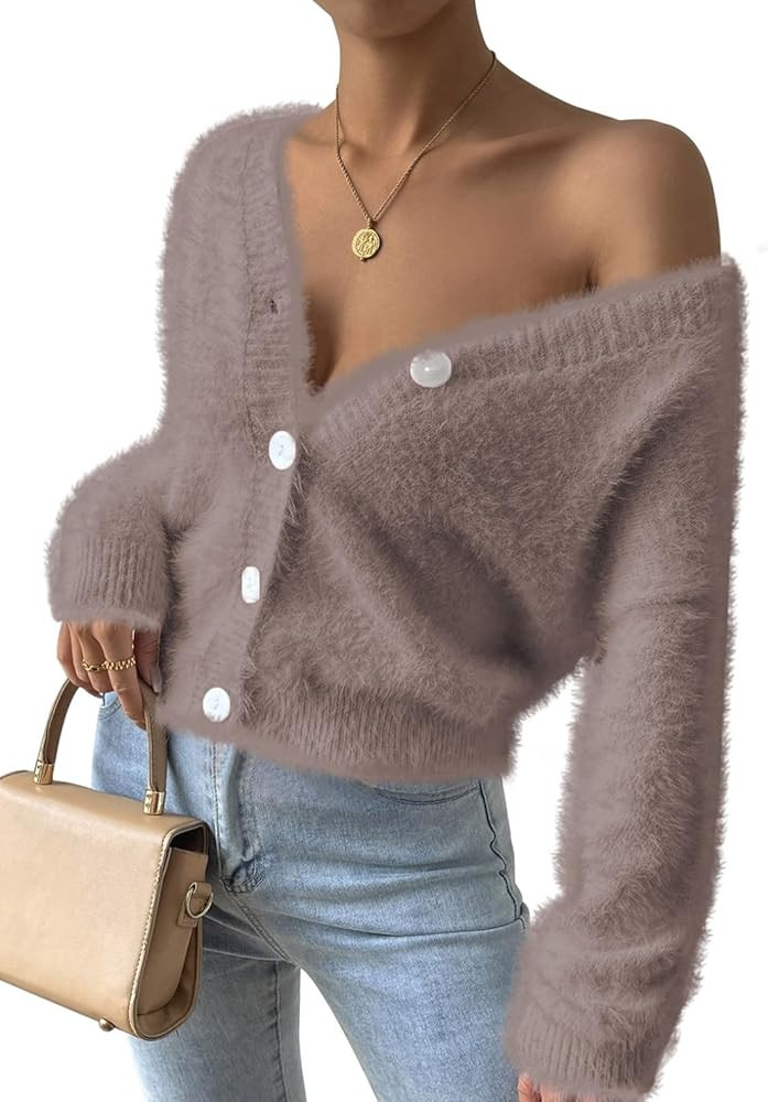 Pink Queen Women's Furry Cropped Cardigan Batwing Sleeves Open Front V-Neck Button Down Loose Kni... | Amazon (US)