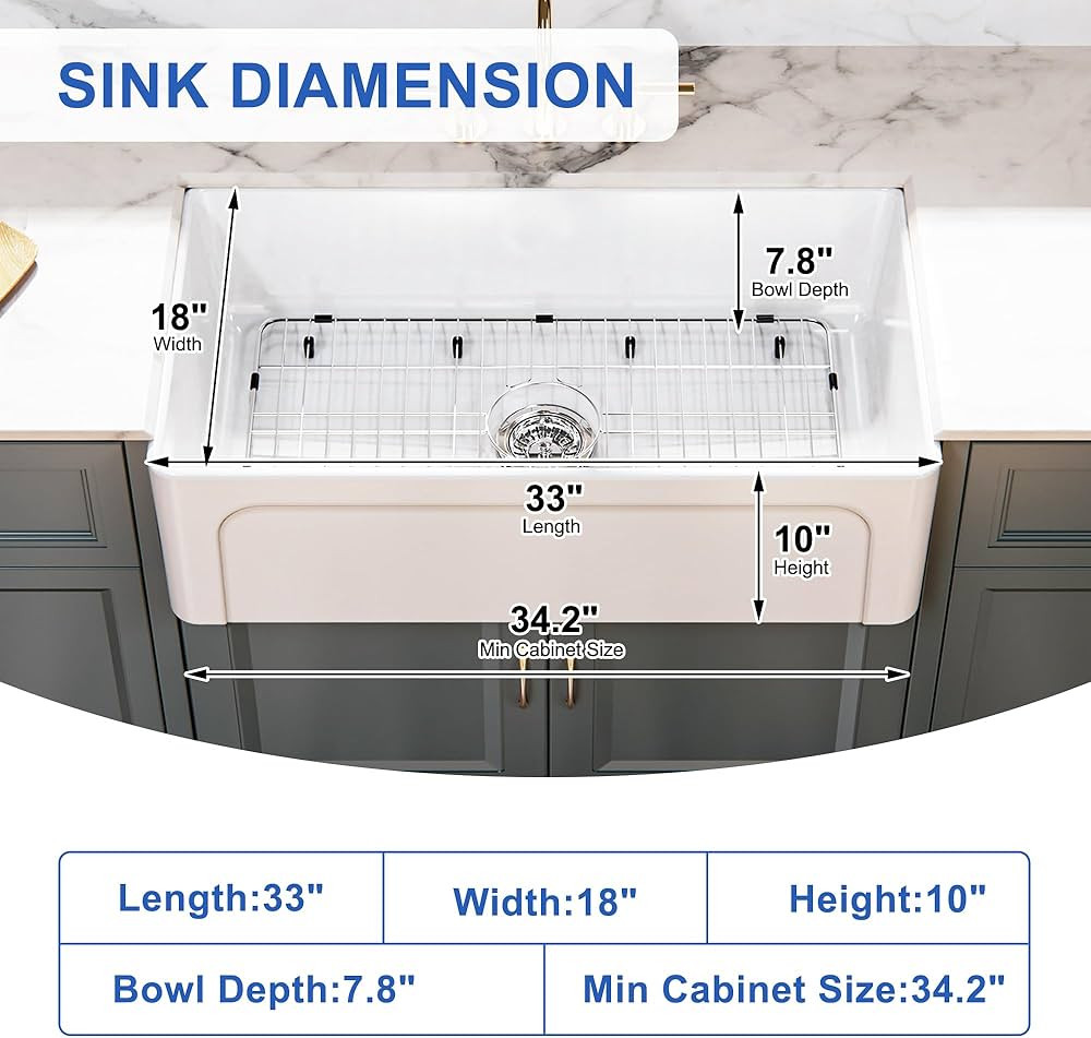 ELLAI Farmhouse Sink 33 Inch White Fireclay Apron Front Single Bowl Deep Drop In Kitchen Sink Und... | Amazon (US)