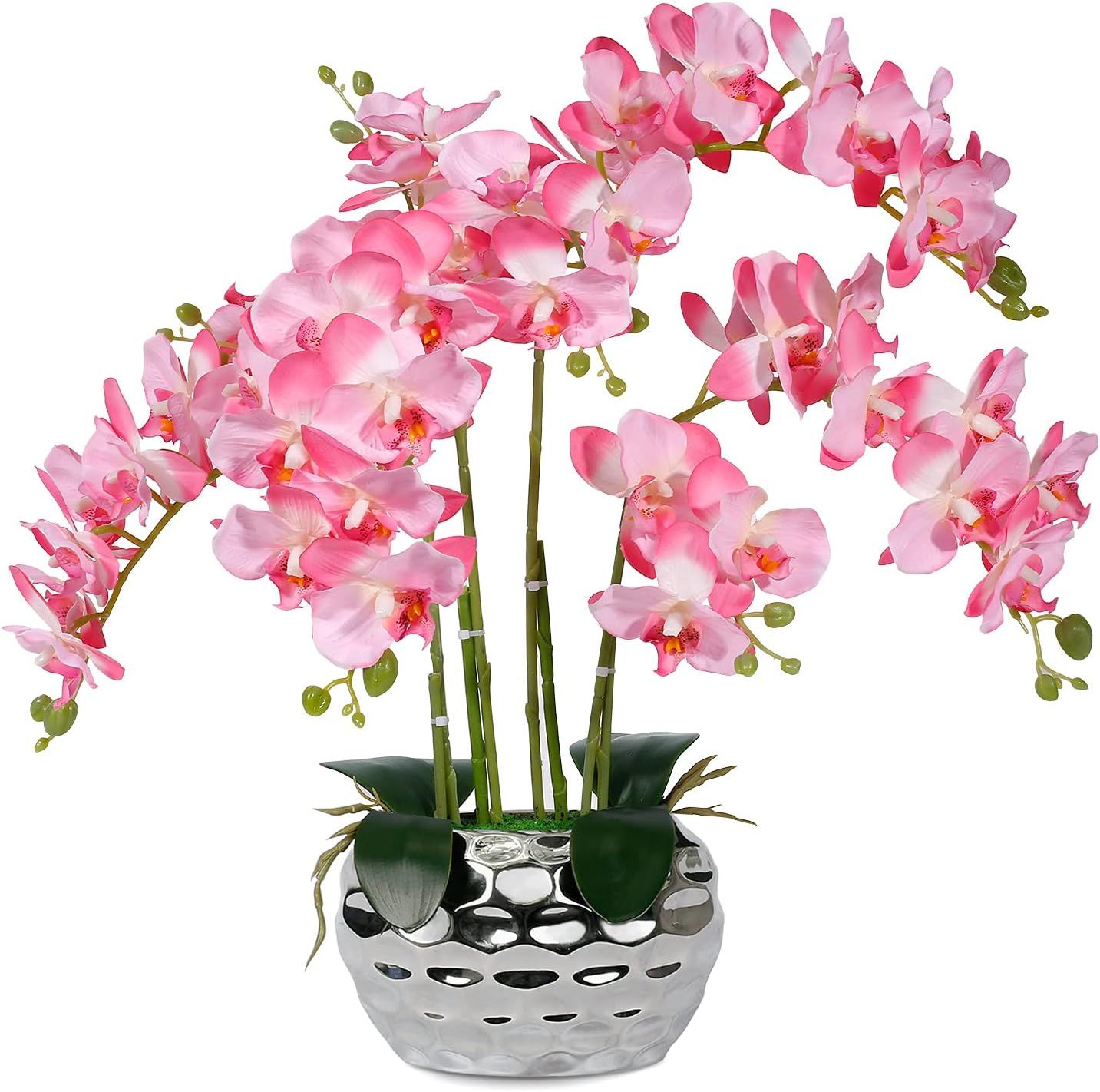 Pink Orchid with Silver Vase Orchid Pink Flowers Faux Orchid Plant Artificial Orchids Silk Orchid... | Amazon (US)