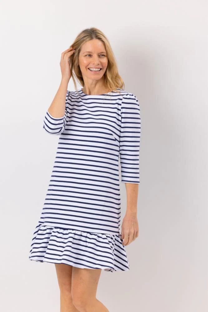 Stripe French Terry Long Sleeve Ruffle Hem Dress | Sail to Sable