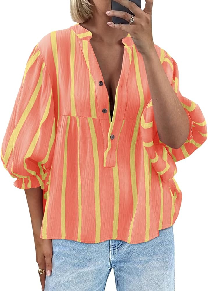 Tankaneo Womens Puff Sleeve Babydoll Tops Summer V Neck Striped Blouse Cute Casual Loose Fit Flow... | Amazon (US)
