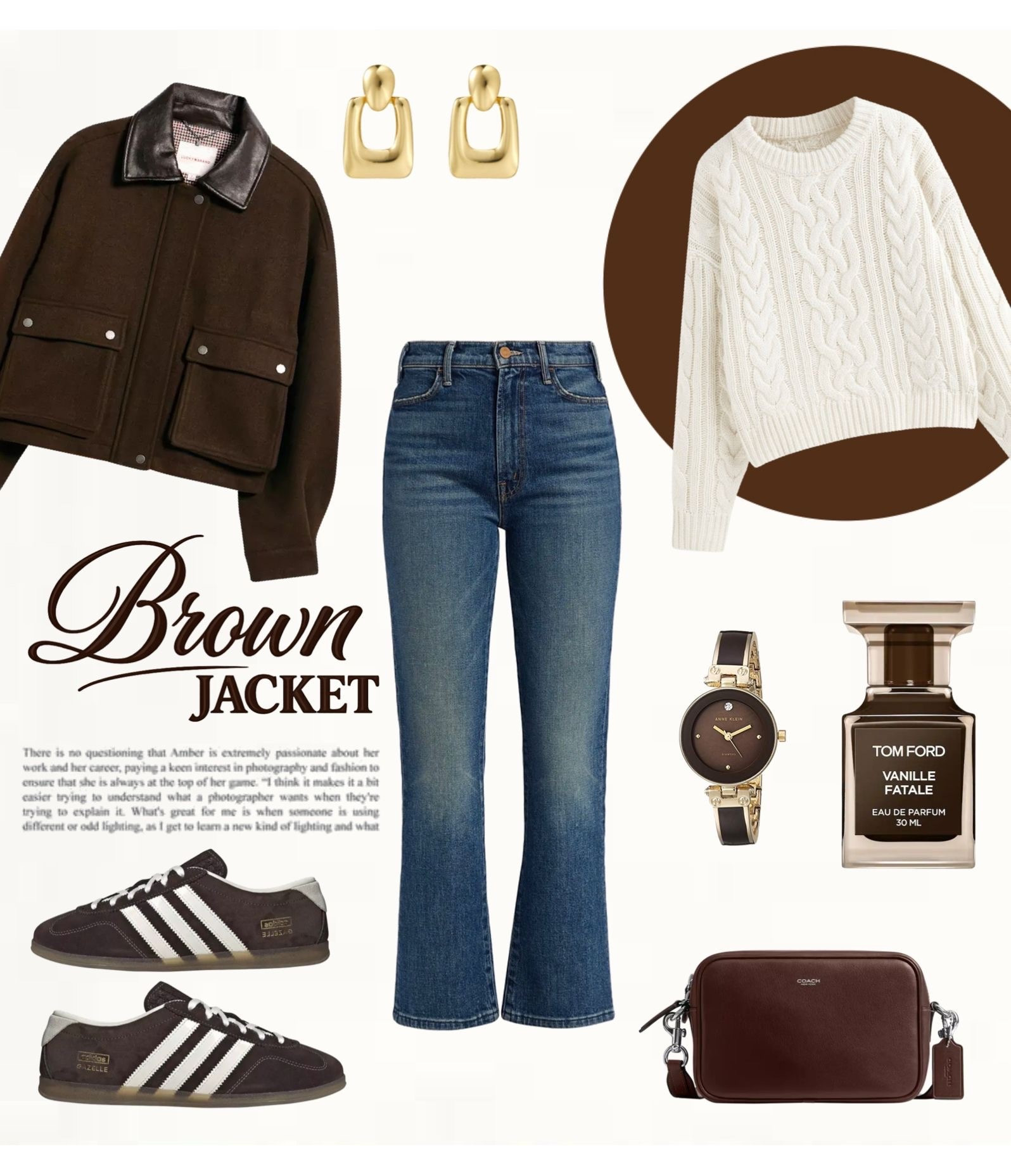 Dark brown wool jacket with leather collar styled over a cream cable knit sweater and medium wash flared jeans. Finished with brown suede sneakers, a structured brown crossbody bag, gold earrings, and a brown leather strap watch for a polished casual winter look.

#WinterOutfit #CasualChic #BrownStyle

#LTKOver40 #LTKootd #LTKSeasonal
