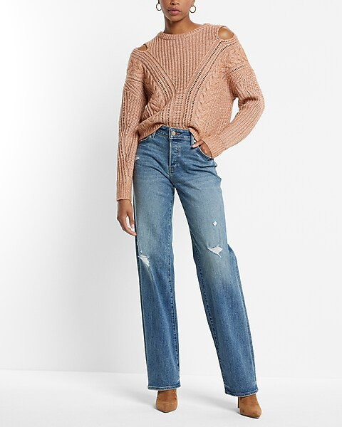 Cable Knit Crew Neck Cutout Sweater | Express