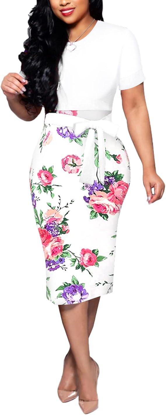 BOGURST Women Midi Bodycon Dress Work Casual Cute Floral Prints Pencil Dresses | Amazon (US)