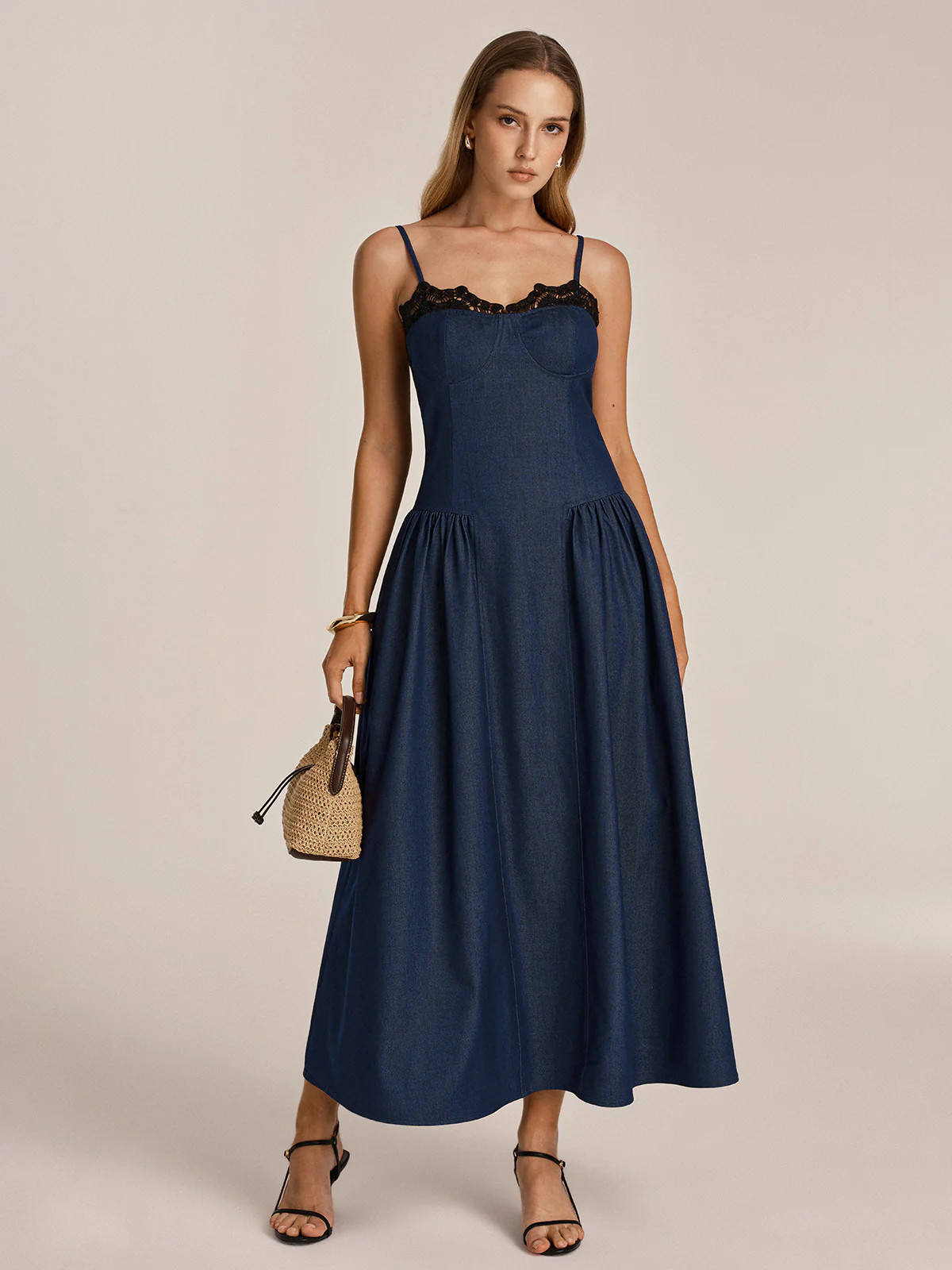 Lace Trim Faux Denim Cami Maxi Dress | Commense