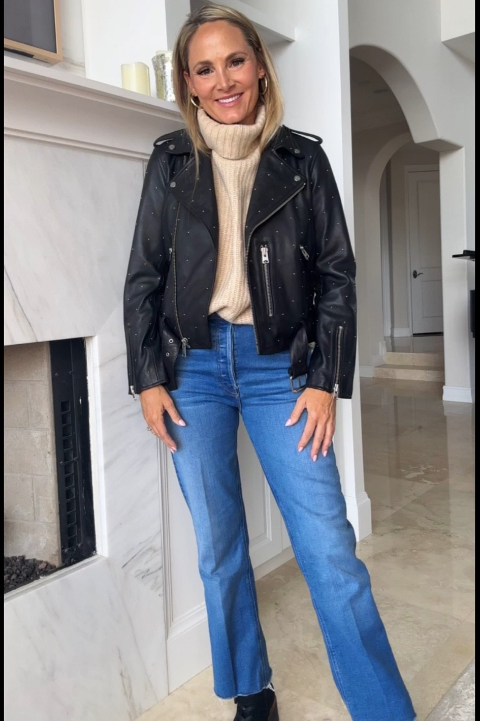 Nsale Look in stock. All Saints leather Moto jacket wearing a size 8 feels like butter has studs and is so chic.

#LTKsalealert #LTKxNSale #LTKFind