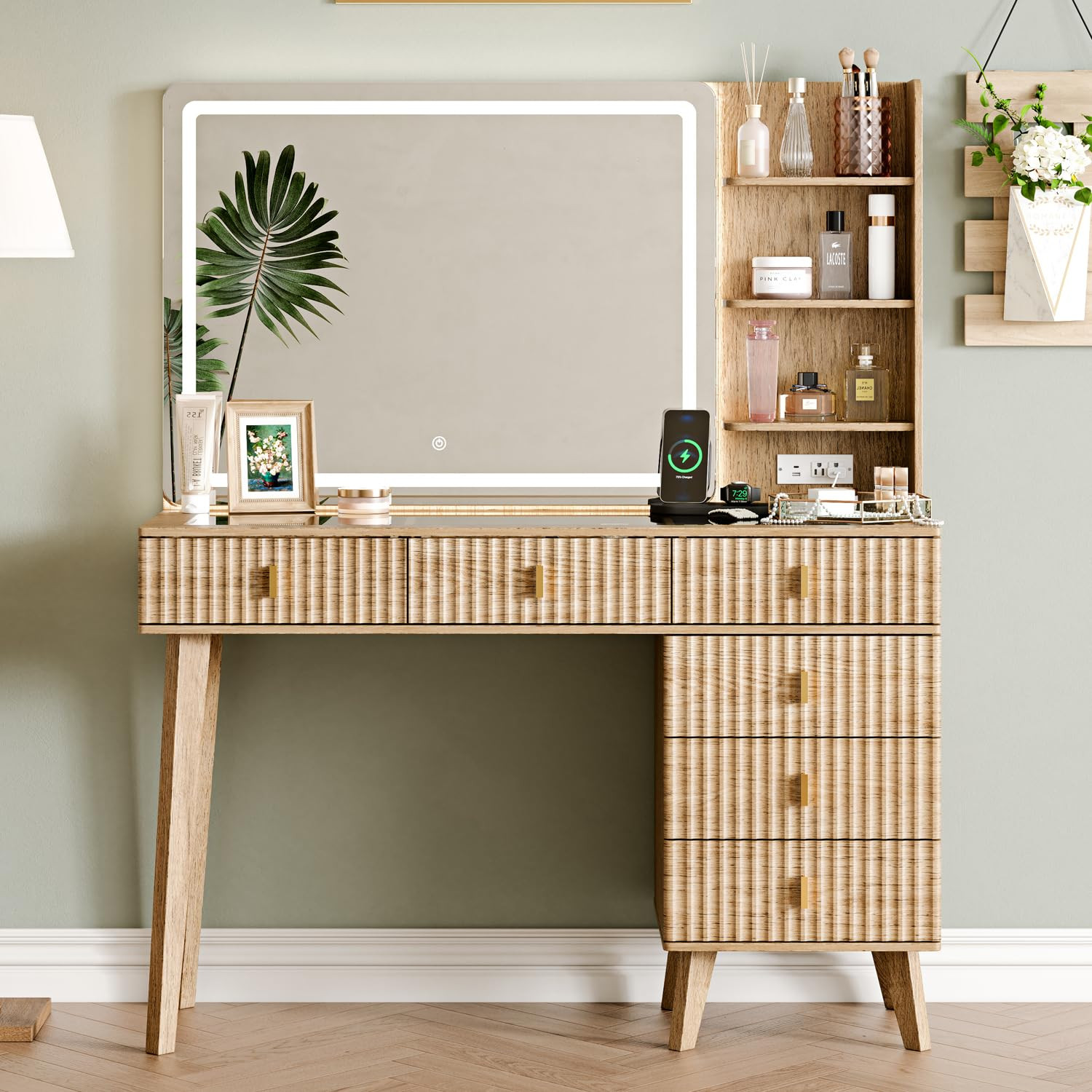 Large Makeup Vanity Desk with Mirror and Lights, Vanity Desk with 6 Drawers & Storage Shelves, Va... | Amazon (US)