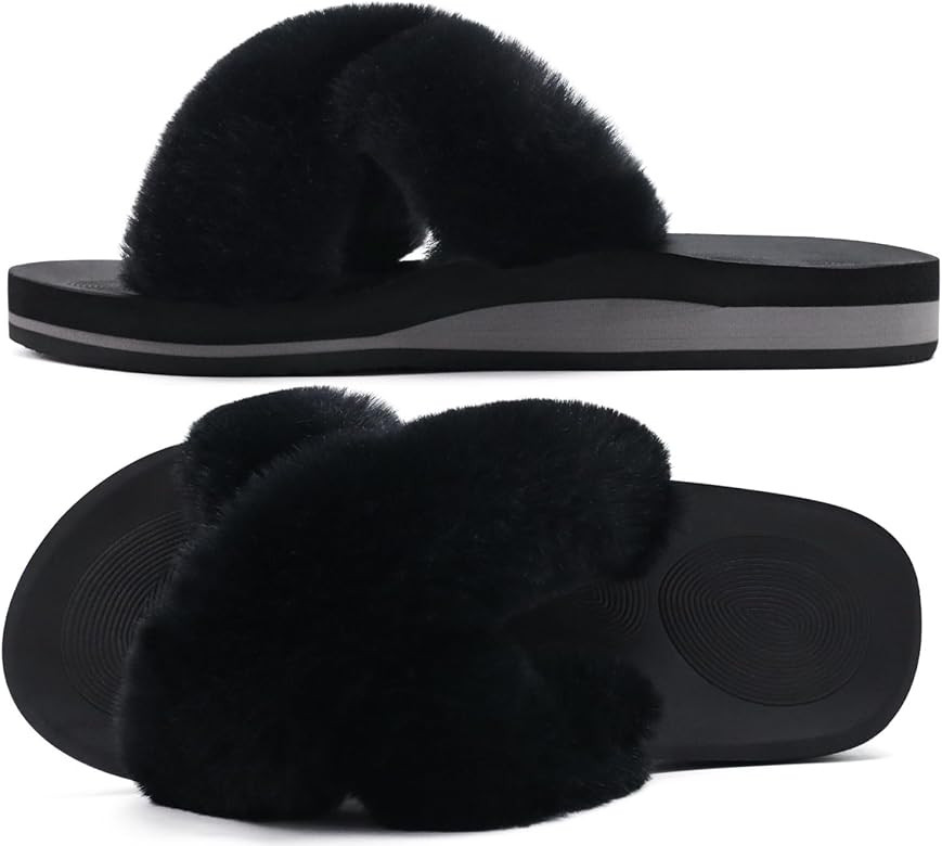 COFACE Womens Fuzzy Slides Fluff Faux Fur Cross Slippers Open Toe Yoga Mat House Slippers Sandals... | Amazon (US)