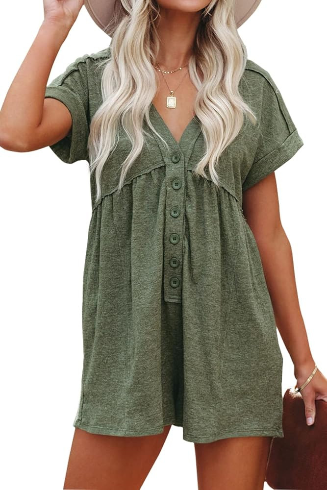 ReachMe Womens Short Sleeve Summer Rompers Casual Loose Fit V Neck Jumpsuits Sexy Belted Short Ro... | Amazon (US)