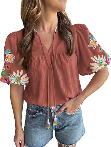 Women's Casual Floral Embroidered V Neck Boho Puff Short Sleeve Shirts Loose Tunic Summer Blouses... | Amazon (US)