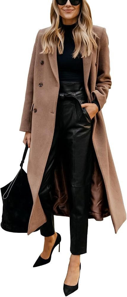 Womens Long Wool Coats Fall Winter Notch Lapel Peacoat Jackets | Amazon (US)