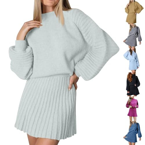Women's 2 Piece Sweater Skirt Set Rib Knit Long Sleeve Crop Top Mini A-Line Skirt Casual Winter Outfits Beige | Amazon (US)