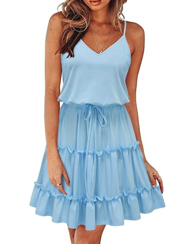 Newshows Women's 2025 Summer Dress Spaghetti Strap Spring Clothes Casual Boho Beach Vacation Outfits Spring Clothes Ruffle Hem Sundress Trendy(Light Blue, XXL) | Amazon (US)