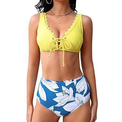 BLUEMING Women's Bikini Set Floral Print Sexy Floral Two Piece Swimsuit Lace U… | Amazon (US)