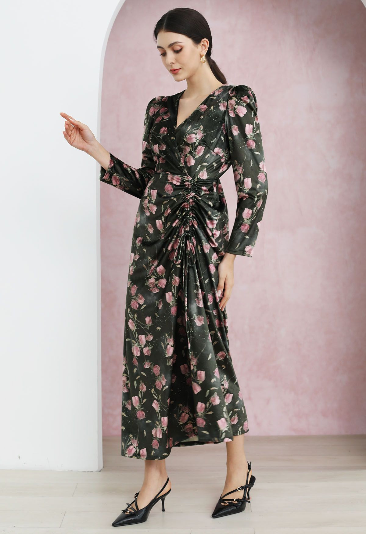 Rosy Elegance Drawstring Wrapped Velvet Maxi Dress in Smoke | Chicwish
