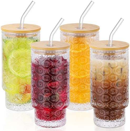 16 Oz Glass Cups Set of 4, Vintage Embossed Floral Glass Tumbler, Iced Coffee Cups with Lid, for ... | Amazon (US)