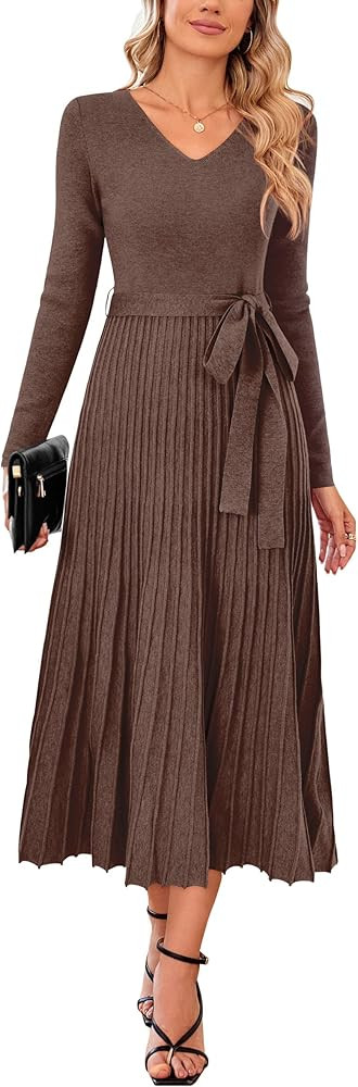 Arach&Cloz Women's Wool Blend Tie Waist Pleated Fall Sweater Dress 2025 | Amazon (US)