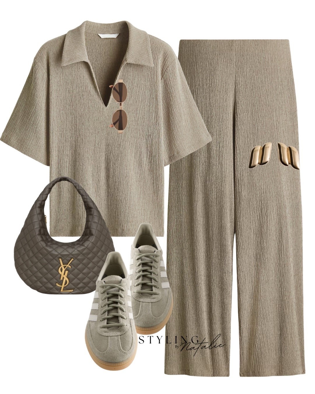 CO-ORD SETS - Khaki green crinkle polo shirt and matching pullon trousers. Adidas Spezial trainers, YSL bag and gold accessories. 
Spring outfit 2026, summer look, casual relaxed styled, breezy style. High street, H&M outfit 

#LTKuk #LTKspring #LTKsummer