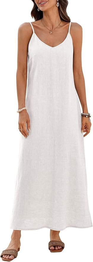 Women's 100% Linen Maxi Dress Adjustable Spaghetti Strap V Neck Sleeveless 2026 Summer Trendy Spl... | Amazon (US)