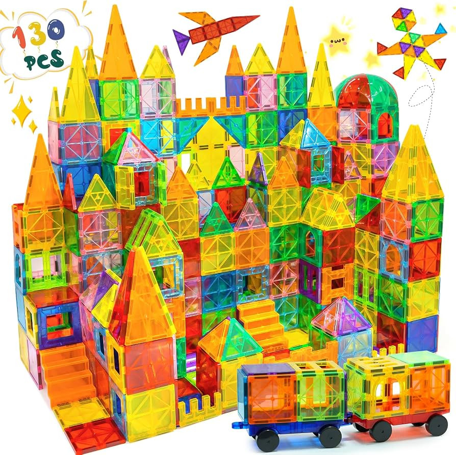 130 PCS Magnetic Tiles,Magnetic Building Blocks with 2 Cars,Magnet Tiles 3D Clear Construction ST... | Amazon (US)