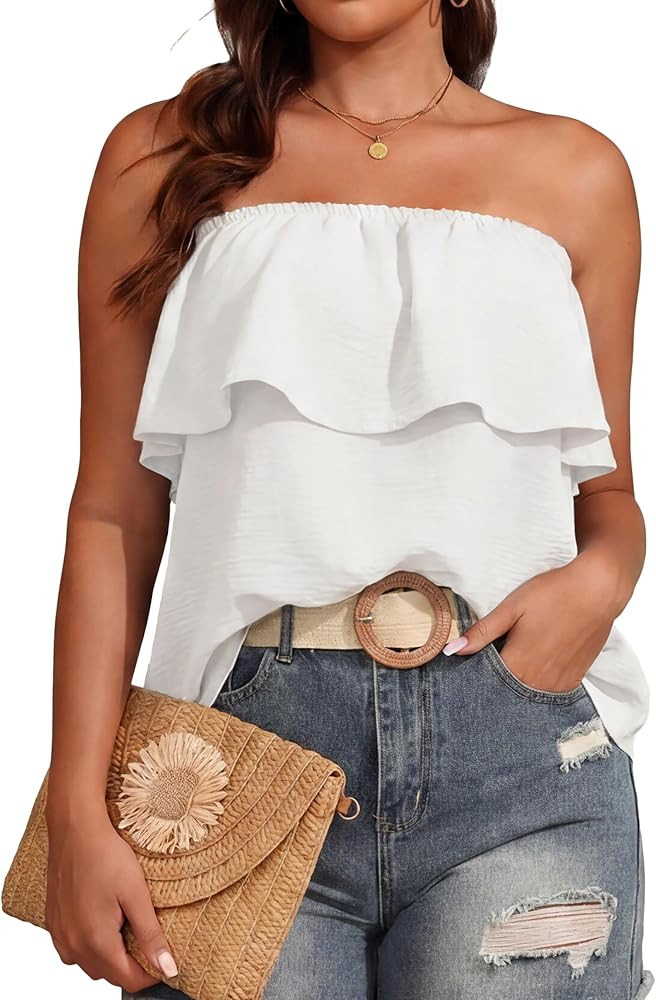 JINKESI Women's Ruffle Trim Tube Tops Casual Summer Backless Strapless Top Sleeveless Going Out B... | Amazon (US)