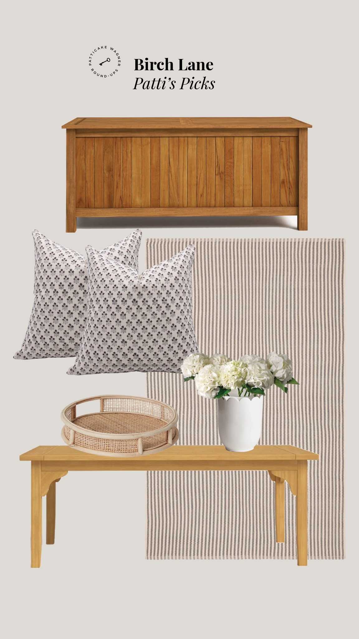 My @Birchlane items from my outdoor patio makeover. These are all amazing quality and can be used season after season: Teak deck box and coffee table, indoor/outdoor pinstripe rug and pillows, wicker tray. I also love this scalloped vase.  #BirchLanePartner #MyBirchLane

#LTKHome #LTKStyleTip