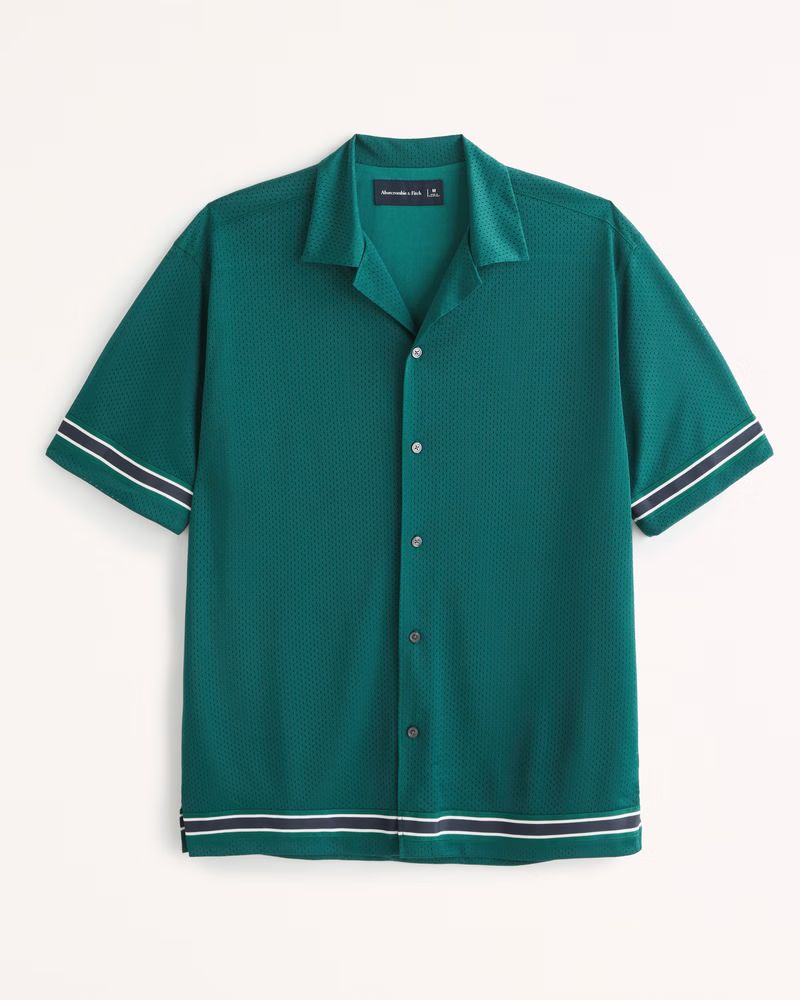 Abercrombie & Fitch Men's Camp Collar Mesh Button-Up Shirt in Green - Size XXL | Abercrombie & Fitch (US)