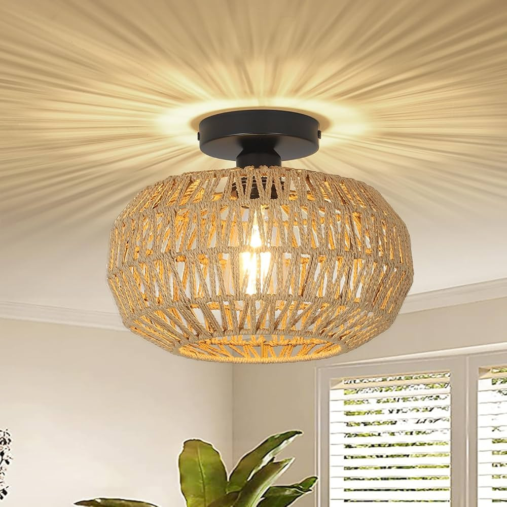 PAUFUL Rattan Light Fixtures Ceiling Mount,Boho Ceiling Light Fixture with Dimmable LED Bulb，Mini Ha | Amazon (US)