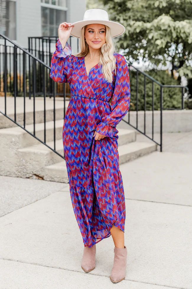 We're Not Done Blue Abstract Printed Long Sleeve Maxi Dress | Pink Lily