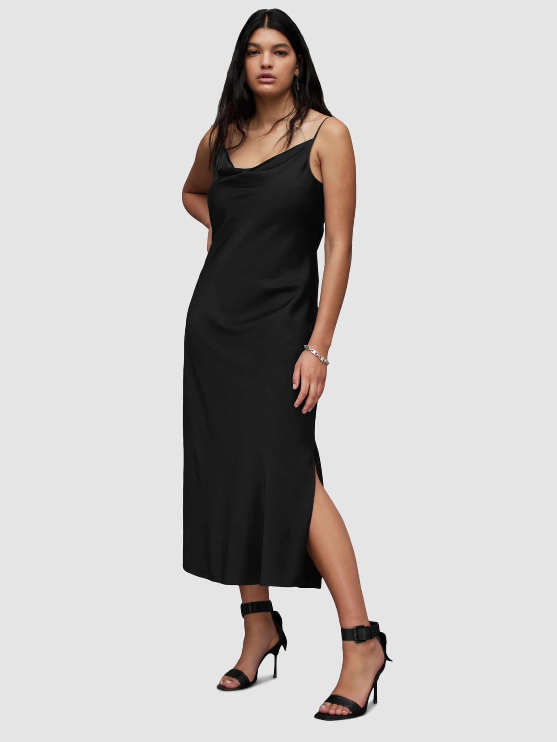 AllSaints Hadley Midi Slip Dress, Black | John Lewis (UK)