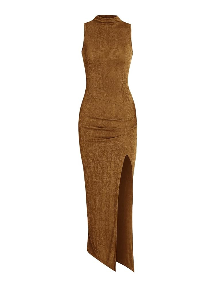 Women Sexy Semi Sheer Sleeveless Mock Turtleneck Jersey Ruched Thigh Slit Bodycon Maxi Dress for ... | Amazon (US)