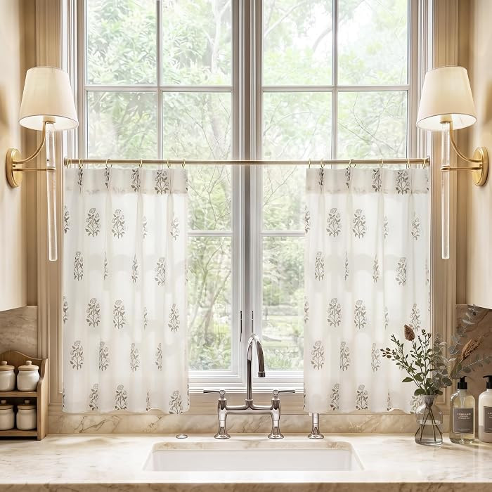 Block Print Linen Kitchen Curtains Over Sink Window, Vintage Farmhouse Cafe Style Floral Sheer Co... | Amazon (US)