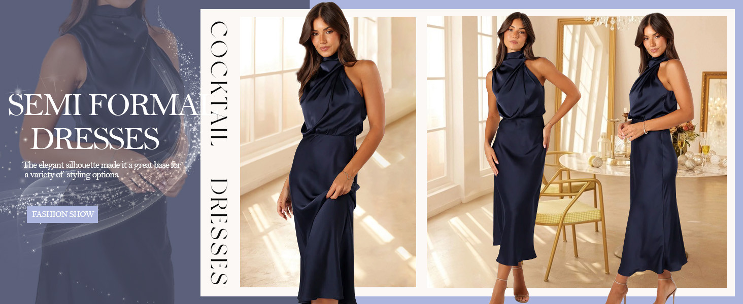 Women's 2026 Summer Satin Dress Elegant Formal Sleeveless Mock Neck Wedding Guest Cocktail Party ... | Amazon (US)
