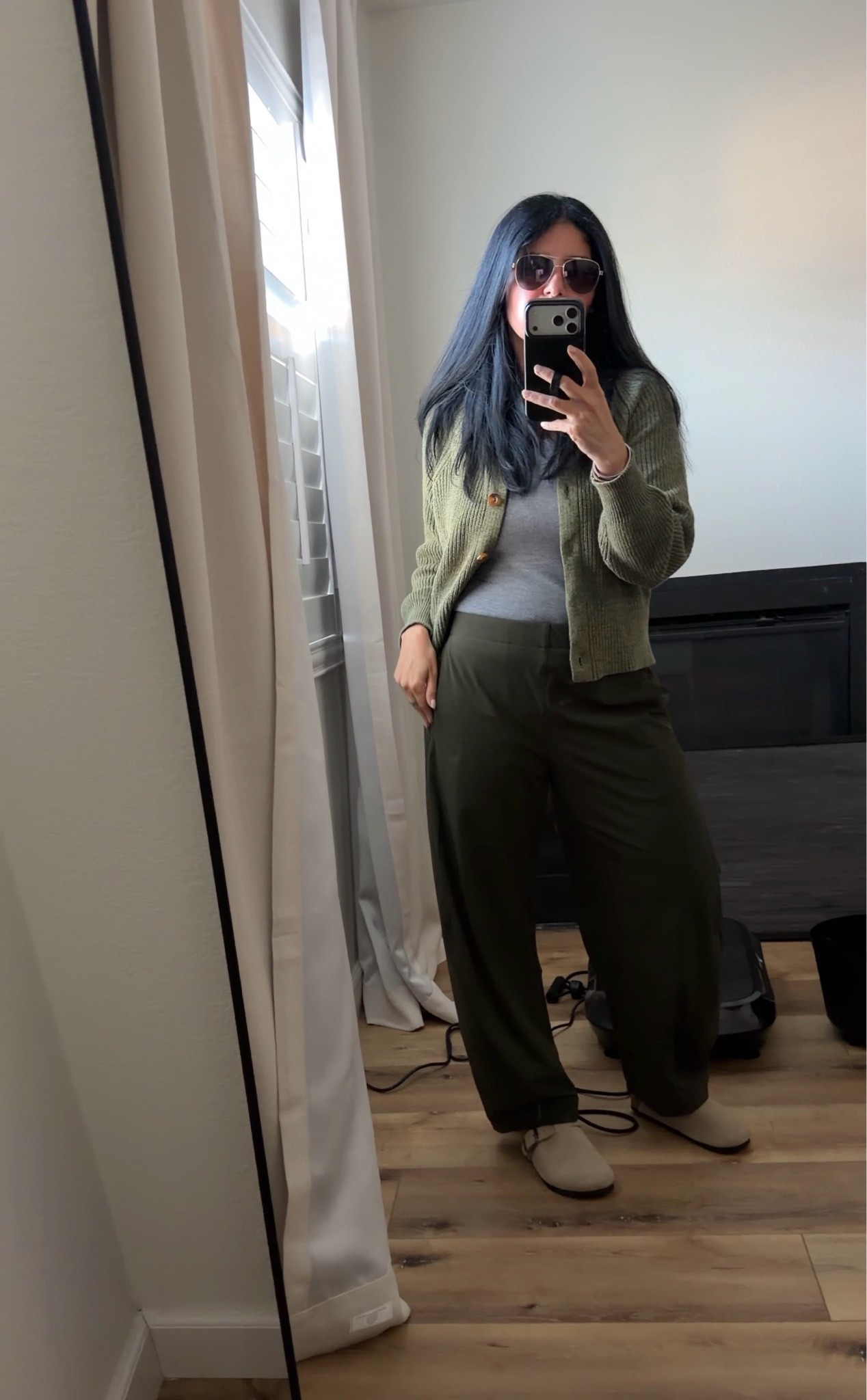 Medium in the top and cardigan. The cardigan is really nice quality. 

Large in the bottoms. I love the color on them and fit. They run TTS. 

Linking a similar option too!