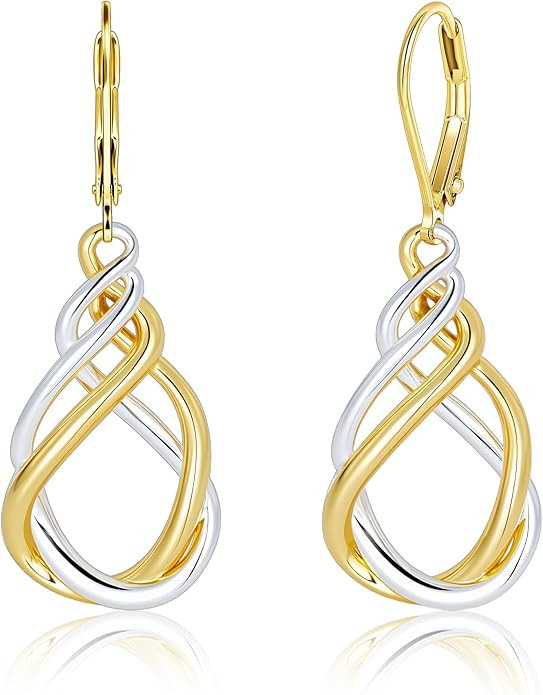 Two Tone Twisted Drop Earrings for Women, 14K Gold and Silver Plated Leverback Dangle Earrings, H... | Amazon (US)