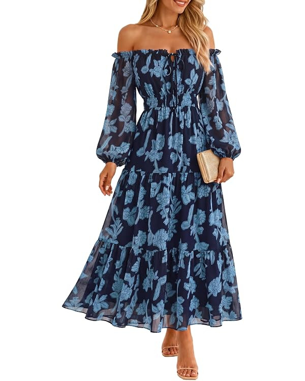 ZESICA Womens 2026 Fall Long Sleeve Floral Maxi Dress | Off Shoulder,Wedding Guest Chiffon Dress,... | Amazon (US)