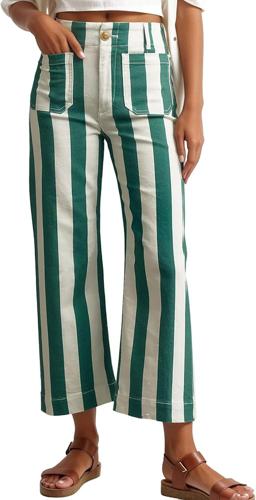 Kedera Women's Striped Pants Wide Leg Trousers Casual High Waisted Fun Pants Flare Jeans with Pat... | Amazon (US)