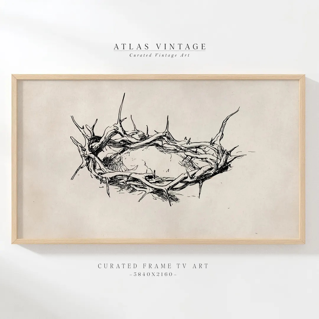Crown of Thorns Ink Drawing Samsung Frame TV Art - Religious Minimal Sketch - Etsy | Etsy (US)