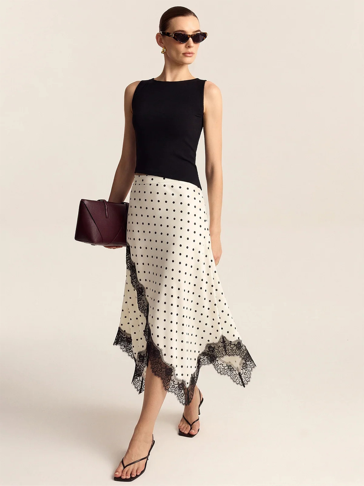 Polka Dot Lace Trim Asymmetric Midi Skirt | Commense