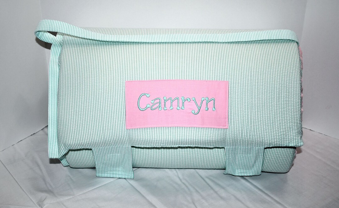 Mint Green Seersucker Stripe Memory Foam Kids Nap Mat With Pink Minky Dot Blanket, Personalized P... | Etsy (US)