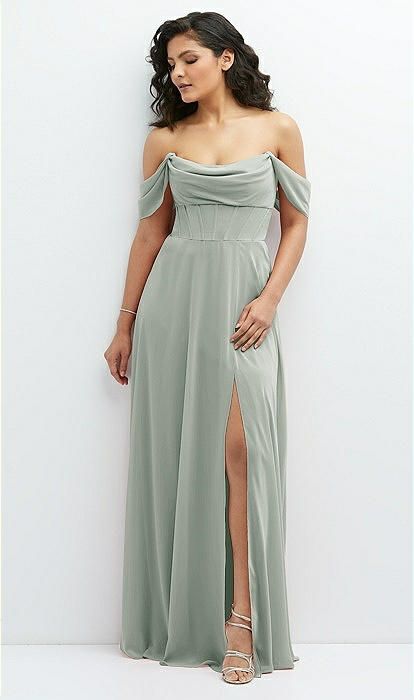 Chiffon Corset Maxi Dress with Removable Off-the-Shoulder Swags in Willow Green | The Dessy Group