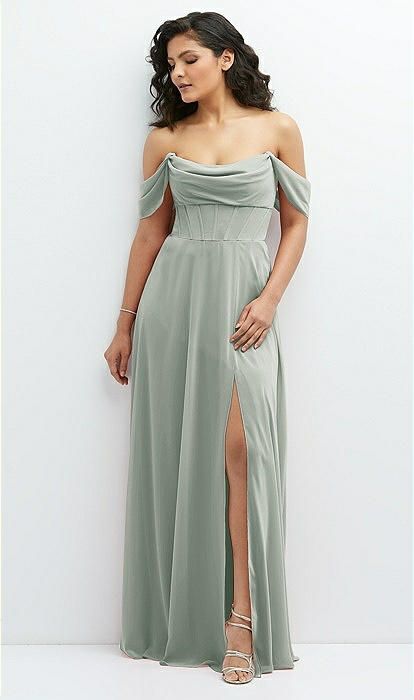 Chiffon Corset Maxi Dress with Removable Off-the-Shoulder Swags in Willow Green | The Dessy Group