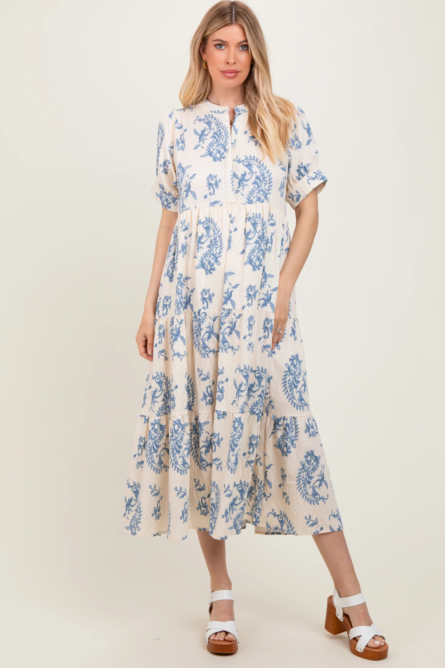 Blue Paisley Button Up Tiered Maxi Dress | PinkBlush Maternity