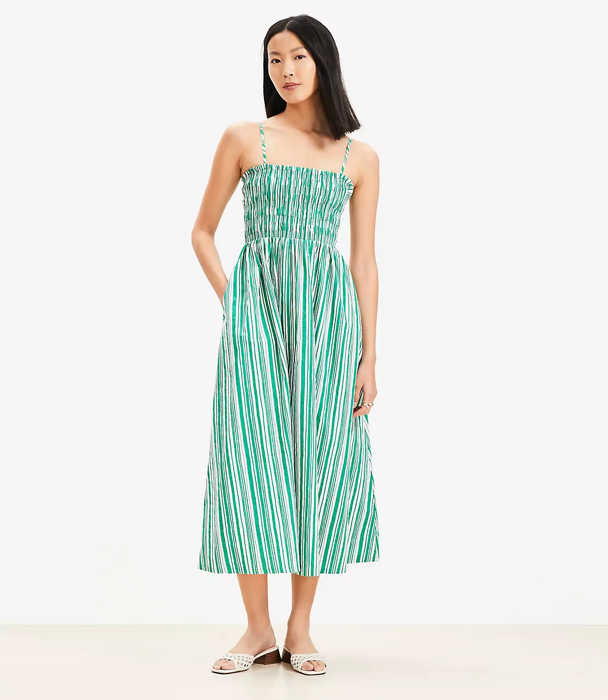 Striped Poplin Smocked Strappy Maxi Dress | LOFT