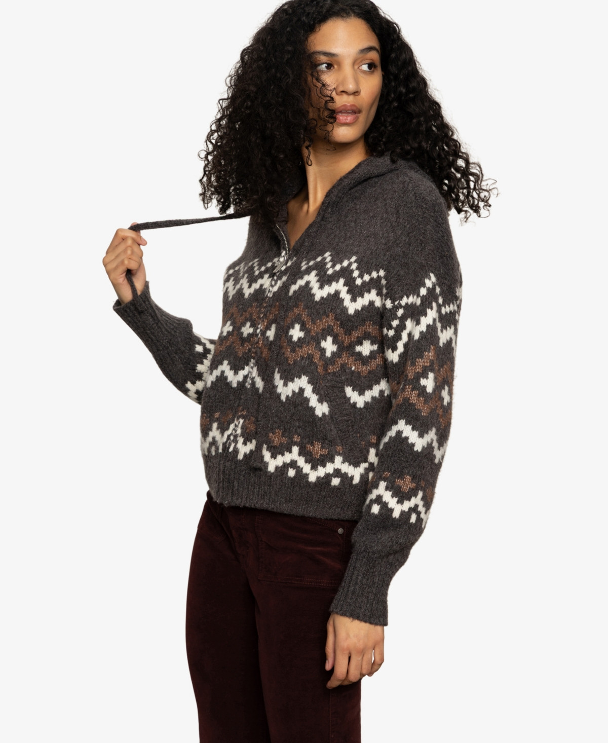 Sanctuary Women's Fairisle Zip-Up Hoodie Sweater - Mocha Fairisle | Macy's