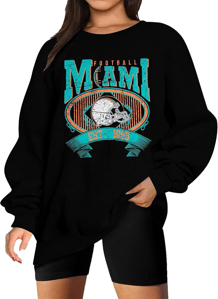 FASHGL Miami Football Sweatshirt Women Game Day Oversize Shirt Sunday Funday Football Season Long... | Amazon (US)