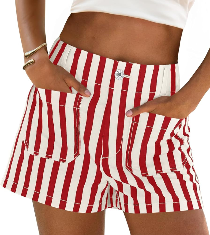 Cicy Bell Womens Summer Striped Boxer Shorts Casual High Waisted Wide Leg Lounge Short Pants Beach Vacation Bottoms Red | Amazon (US)