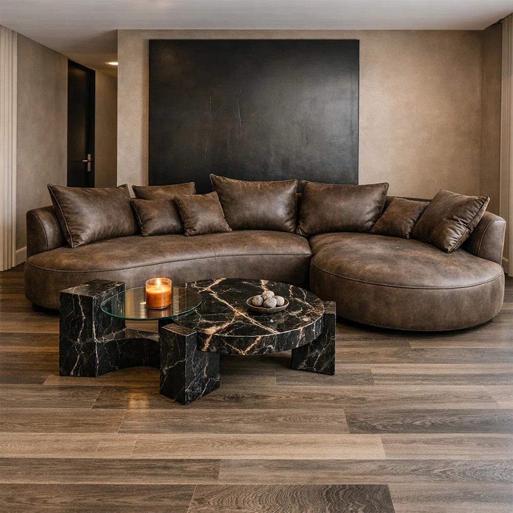 Lakera 128“ Modern Faux Leather Sectional Curved Sofa with Right Chaise, Upholstered Brown Leat... | Wayfair North America