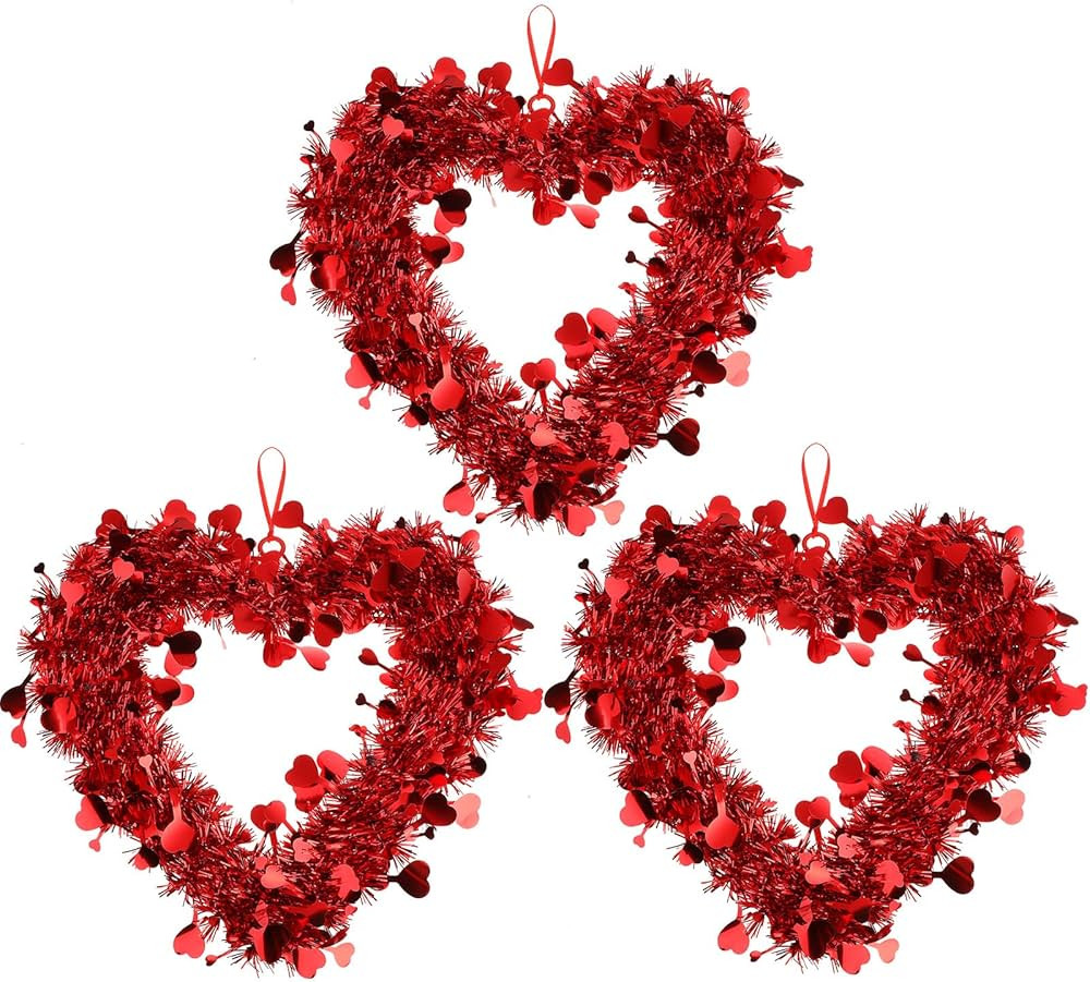 Chuangdi Valentine Heart Shaped Wreaths Red Tinsel Heart Shaped Wreaths with Foil Hearts Love Hangin | Amazon (US)