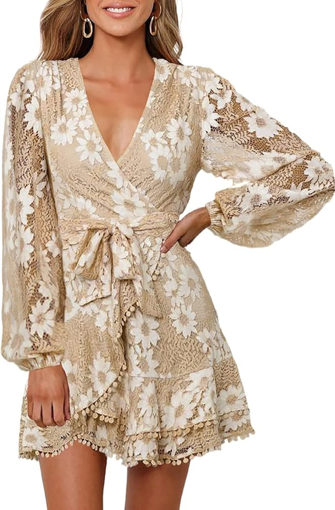 FARYSAYS Womens Lace Wrap Mini Dresses Floral V Neck Ruffle Short Dress with Belt | Amazon (US)